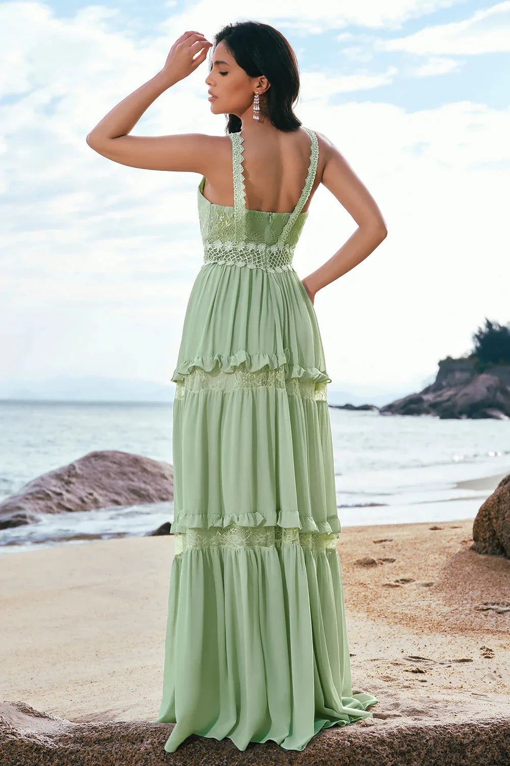 Romantic Boho Flowy A-Line V Neck Spaghetti Strap Open Back Lace Bodice Crochet Waist Tiered Ruffle Floor-Length Chiffon Evening Dress by LANQI DRESS