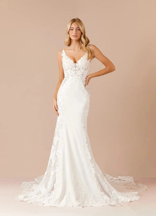Romantic Bridal Gown Plunging V-Neck Lace Bodice and Flowing Chapel Train Wedding Dresses by YiHuiw