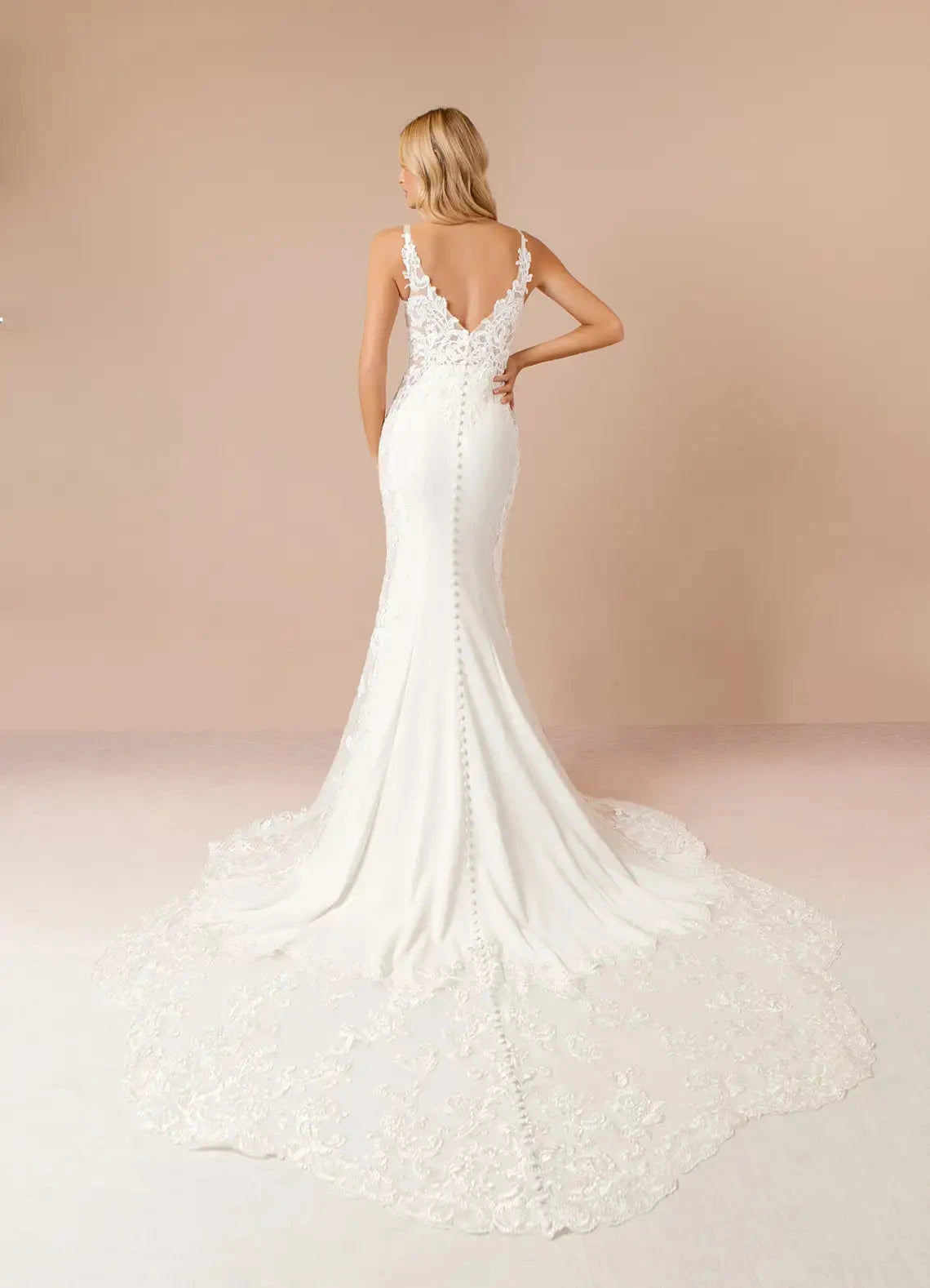 Romantic Bridal Gown Plunging V-Neck Lace Bodice and Flowing Chapel Train Wedding Dresses by YiHuiw