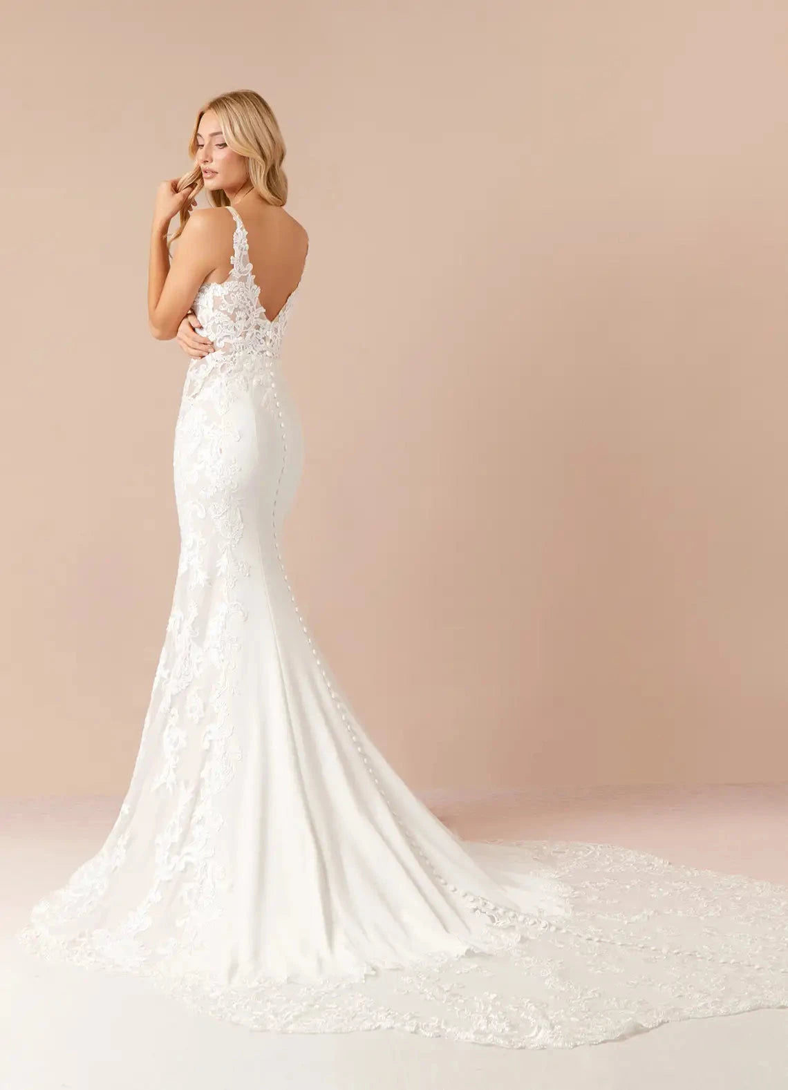Romantic Bridal Gown Plunging V-Neck Lace Bodice and Flowing Chapel Train Wedding Dresses by YiHuiw