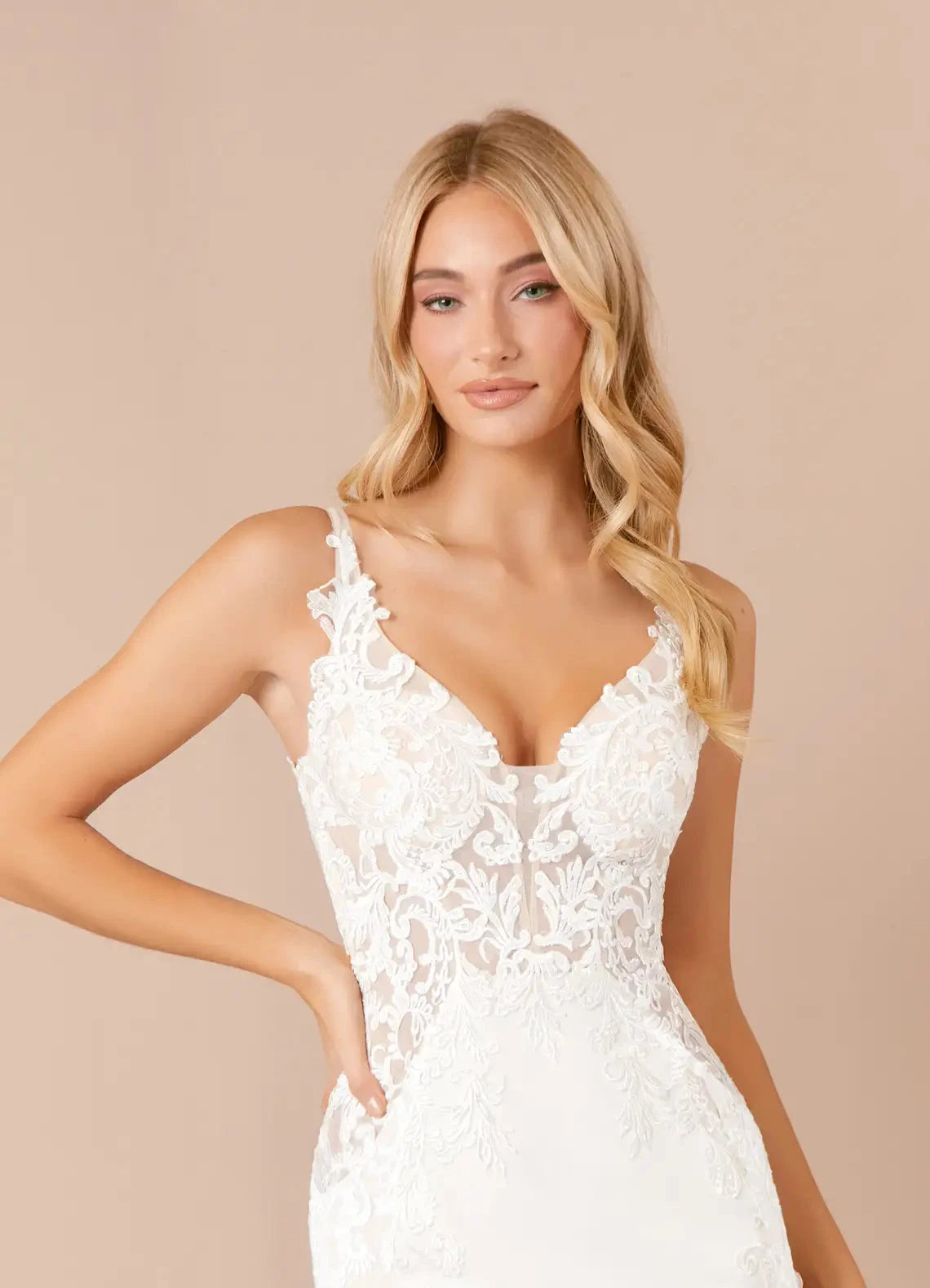 Romantic Bridal Gown Plunging V-Neck Lace Bodice and Flowing Chapel Train Wedding Dresses by YiHuiw