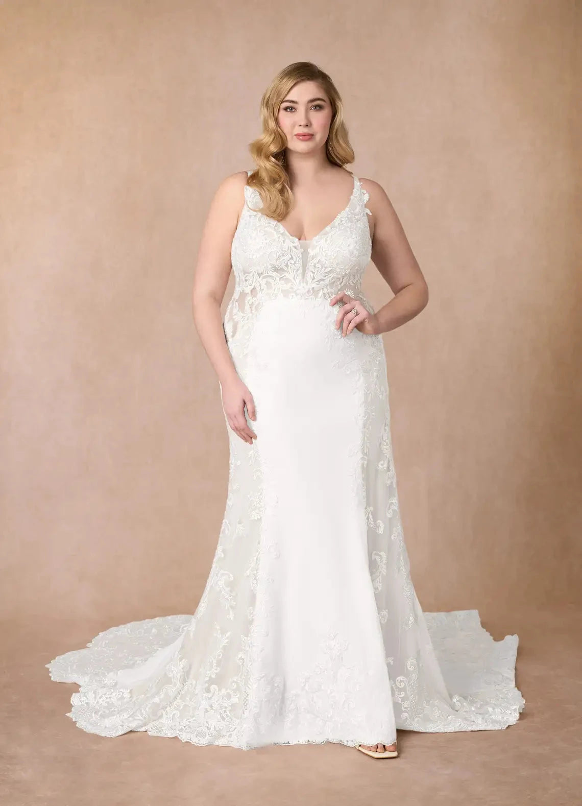 Romantic Bridal Gown Plunging V-Neck Lace Bodice and Flowing Chapel Train Wedding Dresses by YiHuiw