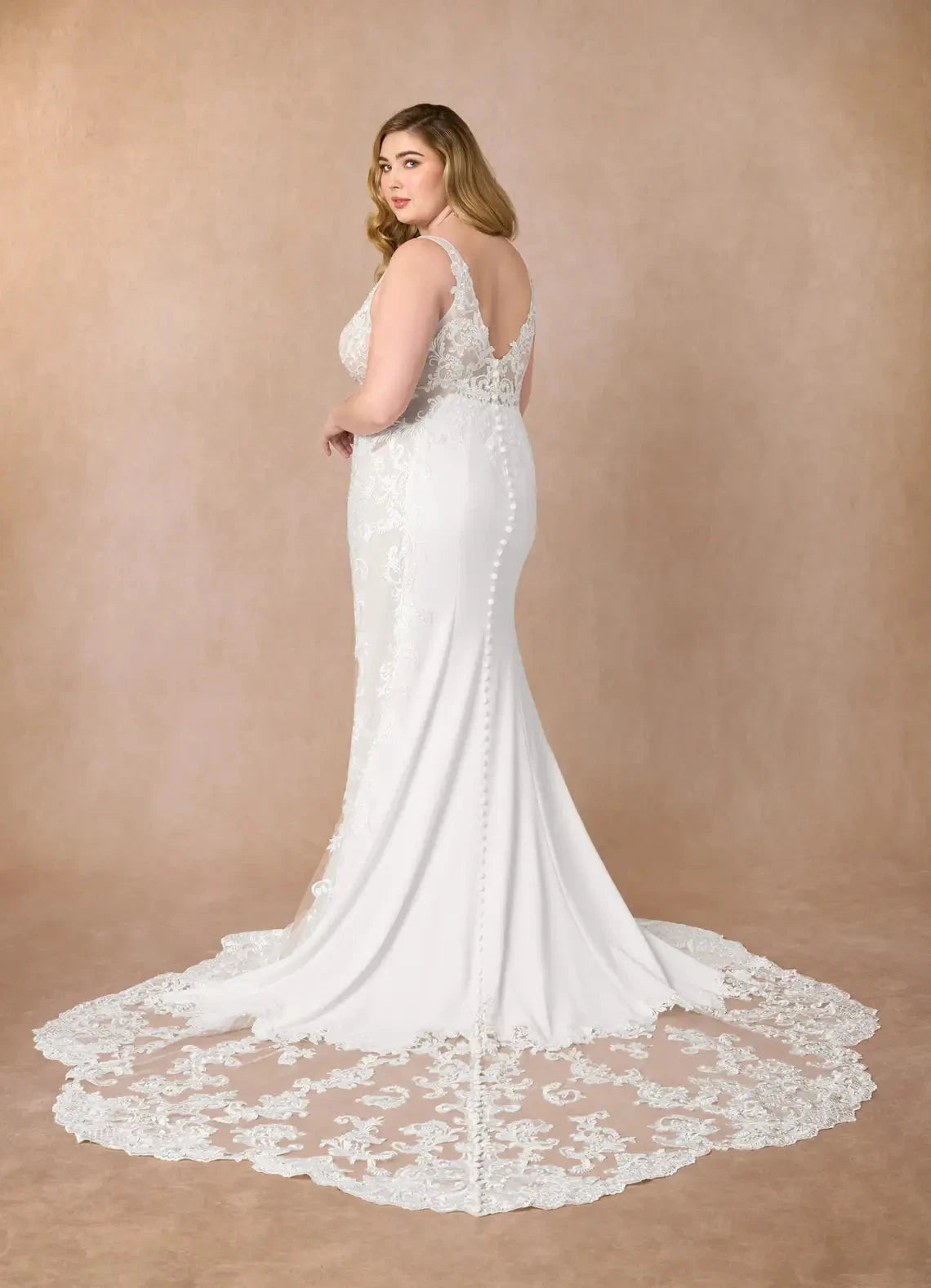 Romantic Bridal Gown Plunging V-Neck Lace Bodice and Flowing Chapel Train Wedding Dresses by YiHuiw