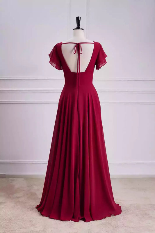 Romantic Burgundy Chiffon A-Line Dress with Flutter Sleeves & V-Back