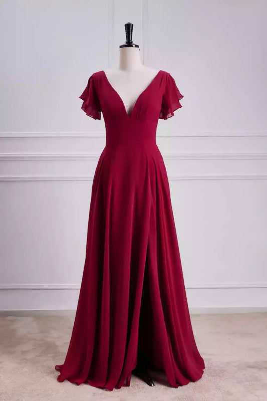 Romantic Burgundy Chiffon A-Line Dress with Flutter Sleeves & V-Back