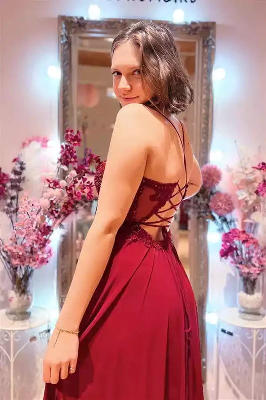Romantic Burgundy Chiffon A-Line Dress with Lace Bodice & Lace-Up Back