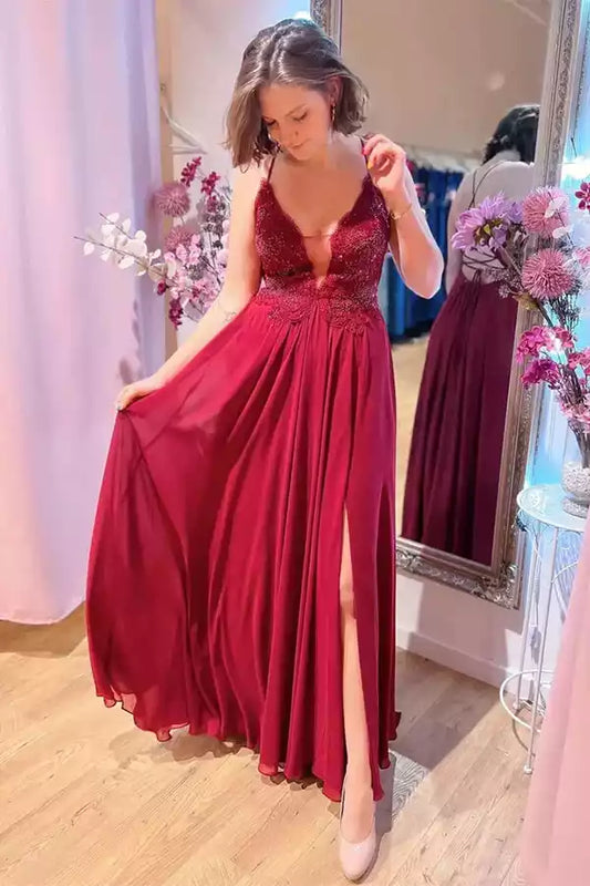Romantic Burgundy Chiffon A-Line Dress with Lace Bodice & Lace-Up Back