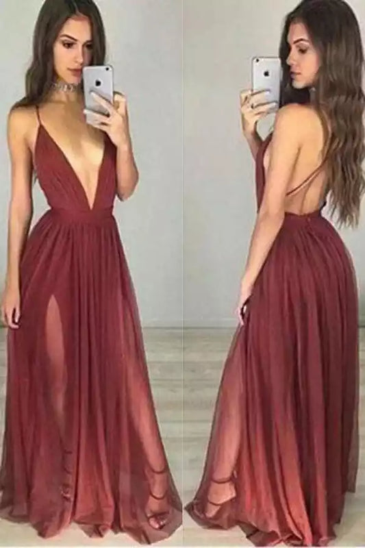 Romantic Burgundy Chiffon A-Line Dress with Plunge V-Neck & Open Back