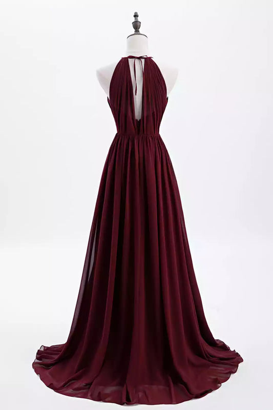 Romantic Burgundy Chiffon Halter A-Line Dress with Ruched Bodice & Open Back