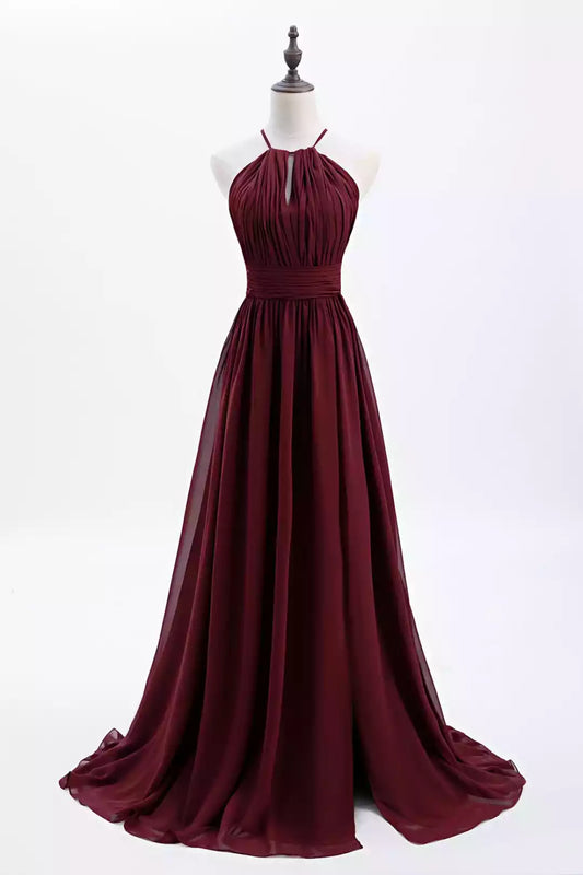 Romantic Burgundy Chiffon Halter A-Line Dress with Ruched Bodice & Open Back