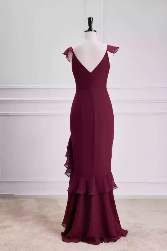 Romantic Burgundy Chiffon Mermaid Dress with Ruffle Detail & V-Back