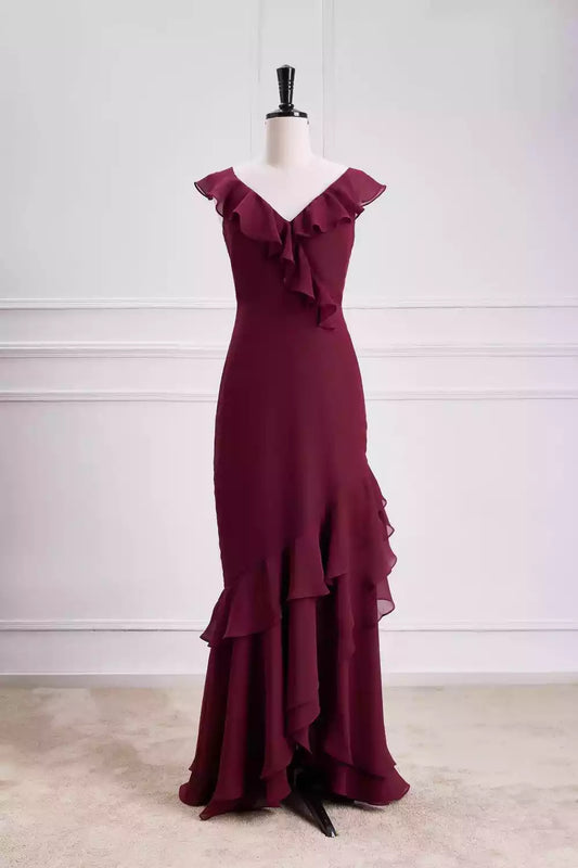 Romantic Burgundy Chiffon Mermaid Dress with Ruffle Detail & V-Back