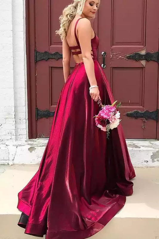 Romantic Burgundy Metallic Ball Dress with Criss-Cross Back & Cathedral Train