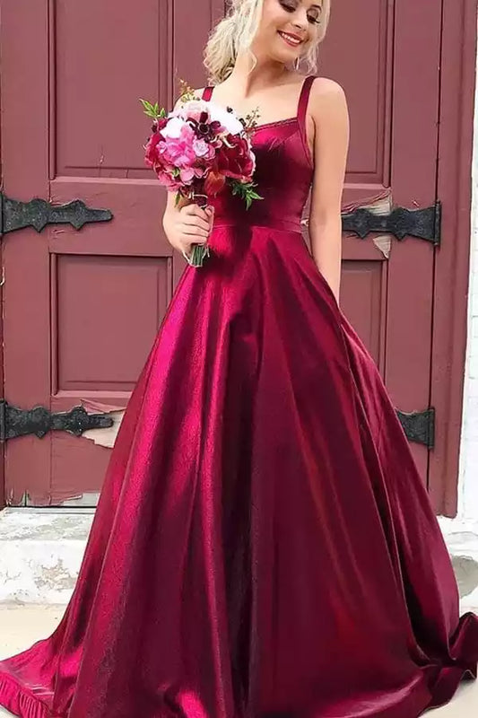 Romantic Burgundy Metallic Ball Dress with Criss-Cross Back & Cathedral Train