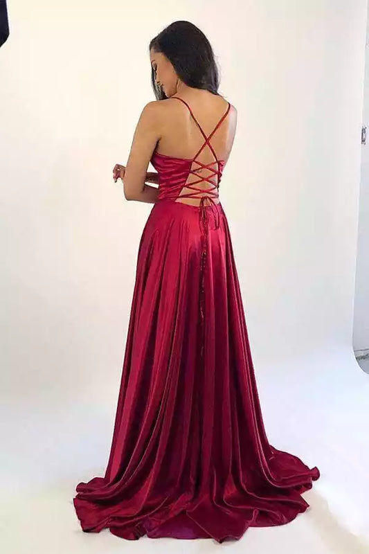 Romantic Burgundy Satin A-Line Dress with Plunge V-Neck & Lace-Up Back
