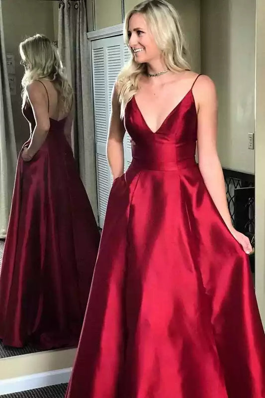 Romantic Burgundy Satin A-Line Dress with Plunge V-Neck & Open Back