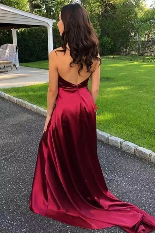 Romantic Burgundy Satin Halter Dress with Plunge V-Neck & Open Back