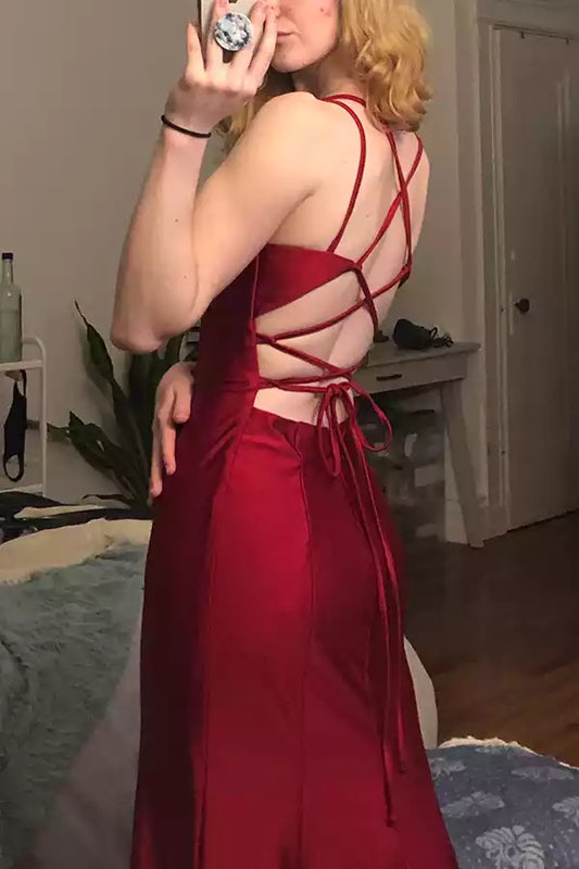 Romantic Burgundy Satin Mermaid Dress with Plunge V-Neck & Lace-Up Back