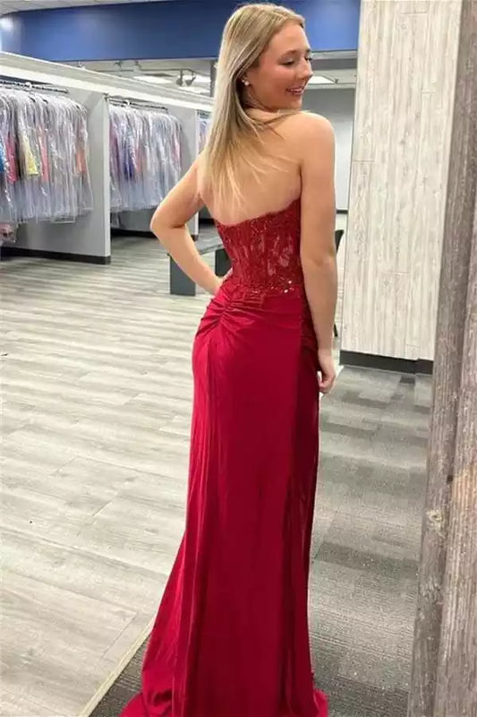 Romantic Burgundy Satin Mermaid Dress with Strapless Lace Bodice & High Slit