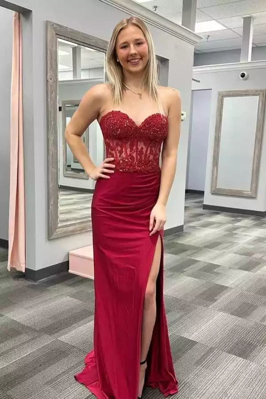 Romantic Burgundy Satin Mermaid Dress with Strapless Lace Bodice & High Slit