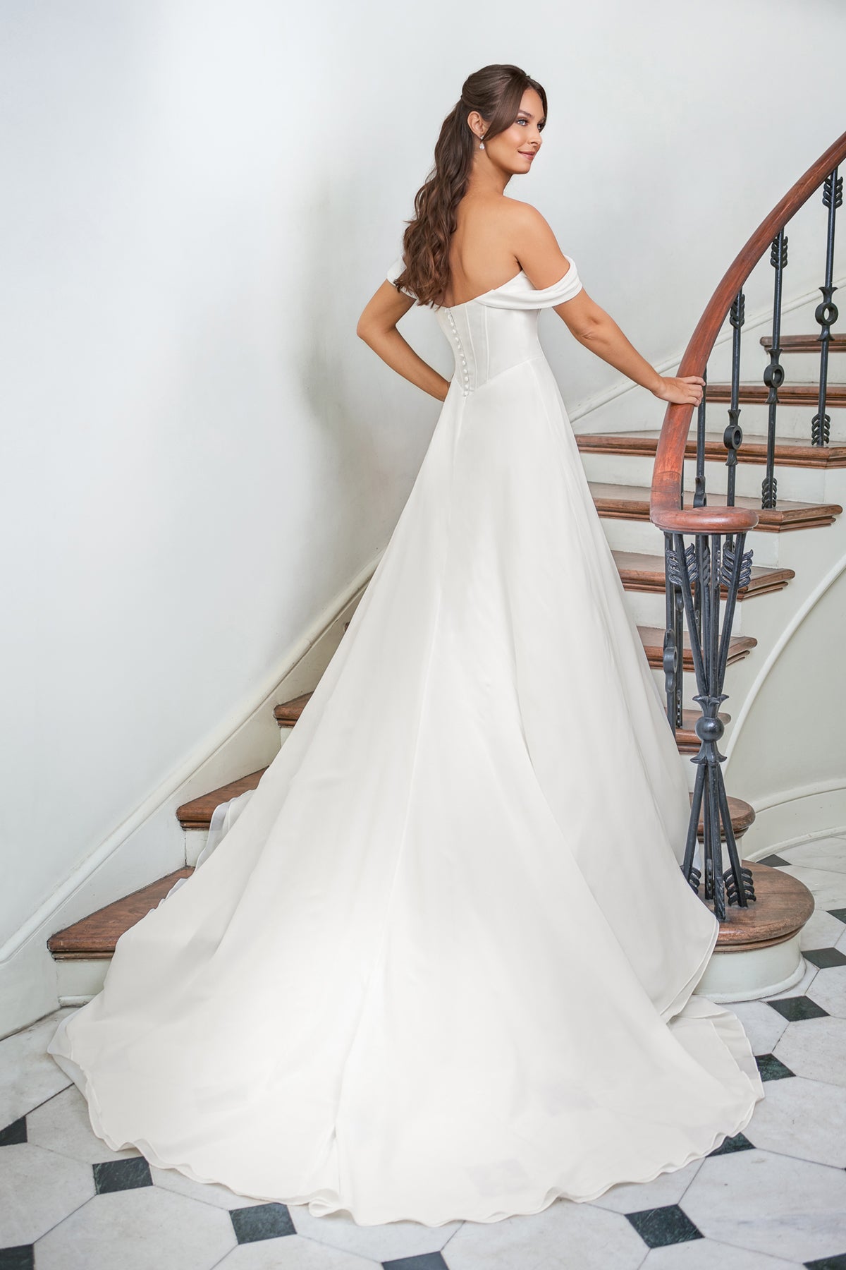 Romantic Chiffon A-Line Off-the-Shoulder Cowl-Neck Corset-Bodice Lace-Slit Wedding Dress