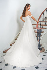 Romantic Chiffon A-Line Off-the-Shoulder Cowl-Neck Corset-Bodice Lace-Slit Wedding Dress