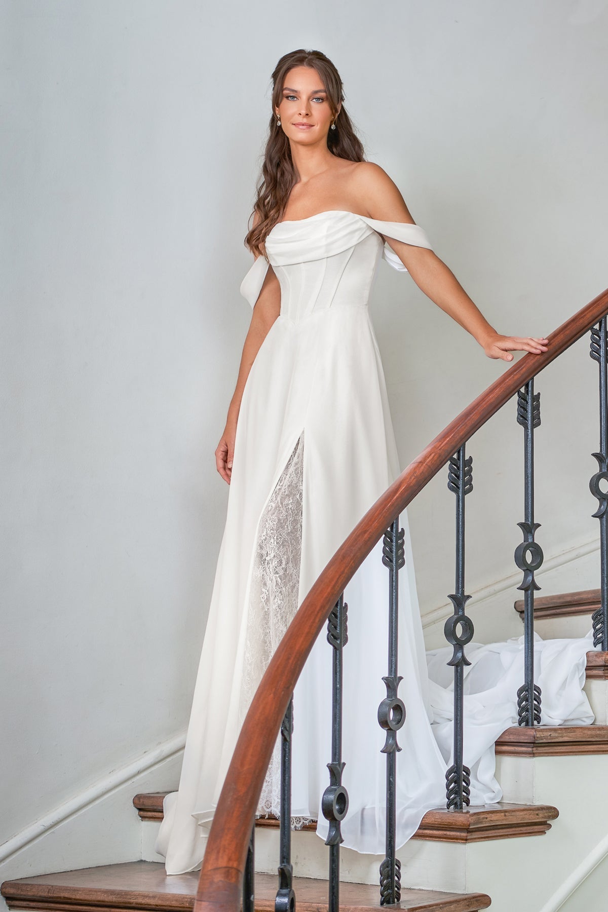 Romantic Chiffon A-Line Off-the-Shoulder Cowl-Neck Corset-Bodice Lace-Slit Wedding Dress by YiHuiw