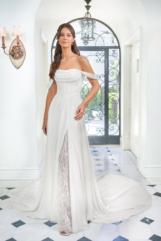 Romantic Chiffon A-Line Off-the-Shoulder Cowl-Neck Corset-Bodice Lace-Slit Wedding Dress by YiHuiw