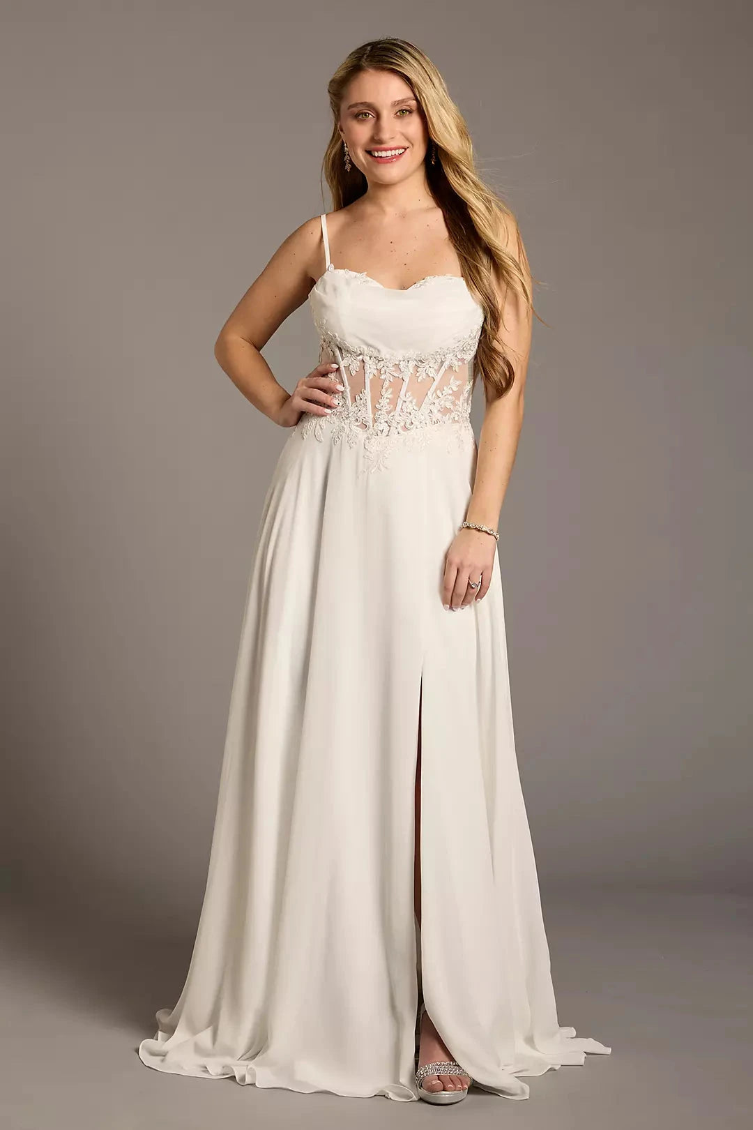 Romantic Chiffon A-Line Spaghetti-Strap Lace-Cutout High-Slit Wedding Dress by YiHuiw