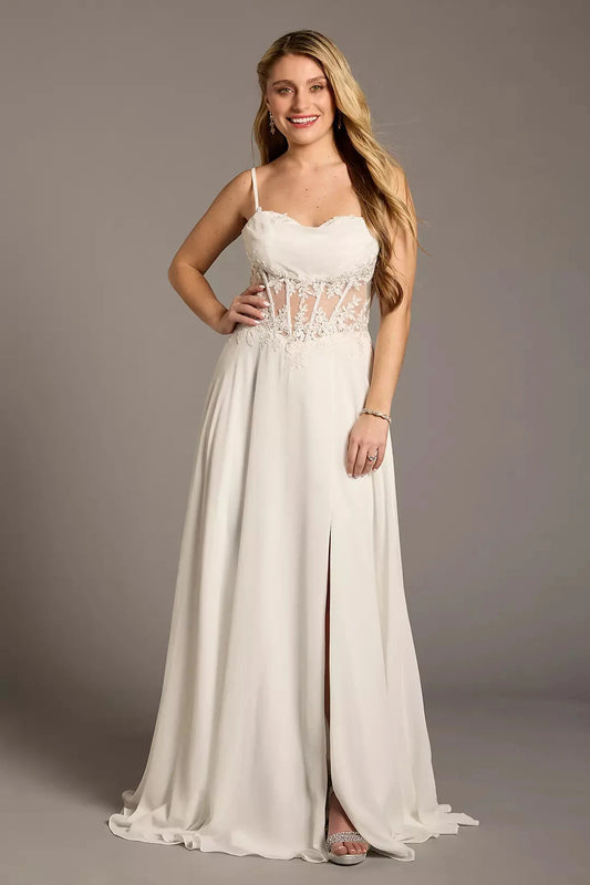 Romantic Chiffon A-Line Spaghetti-Strap Lace-Cutout High-Slit Wedding Dress by YiHuiw