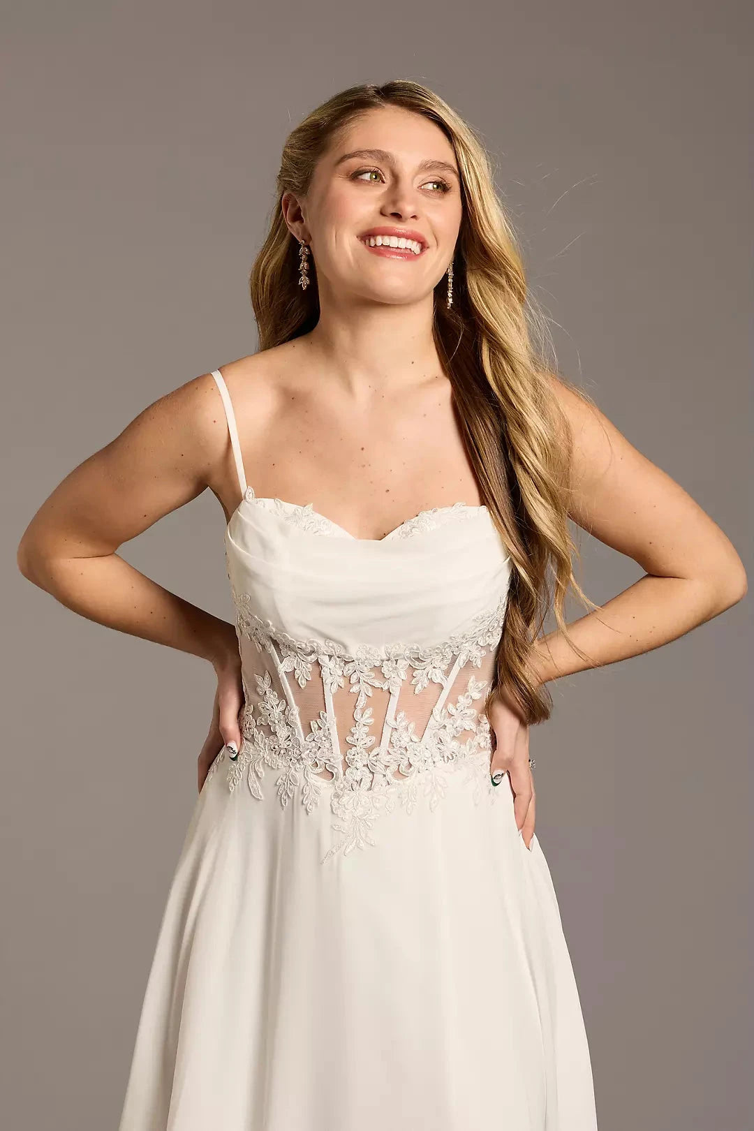 Romantic Chiffon A-Line Spaghetti-Strap Lace-Cutout High-Slit Wedding Dress by YiHuiw