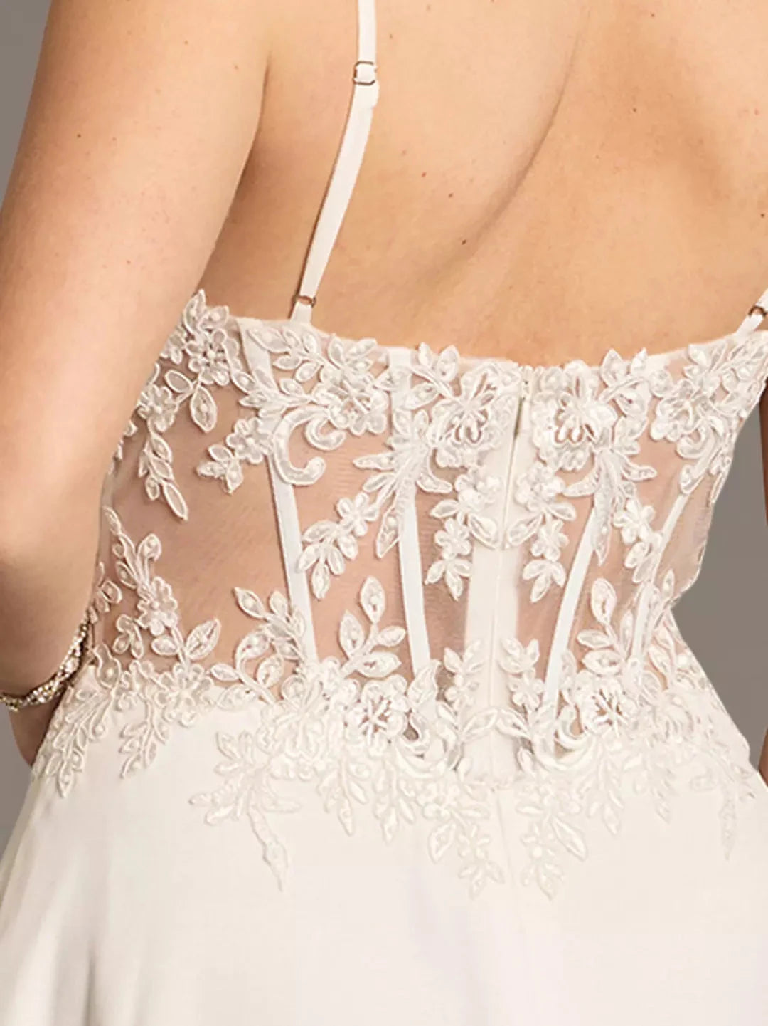 Romantic Chiffon A-Line Spaghetti-Strap Lace-Cutout High-Slit Wedding Dress by YiHuiw