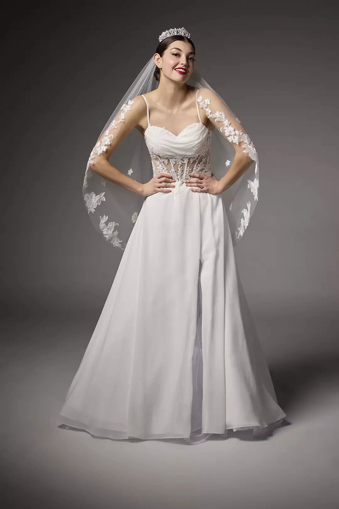 Romantic Chiffon A-Line Spaghetti-Strap Lace-Cutout High-Slit Wedding Dress by YiHuiw