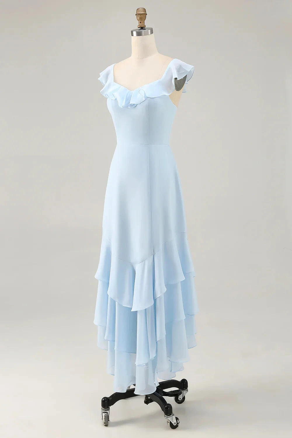 Romantic Chiffon A-Line Sweetheart Neck Ruffled Sleeve Lace-Up Back High-Low Evening Dress by LANQI DRESS