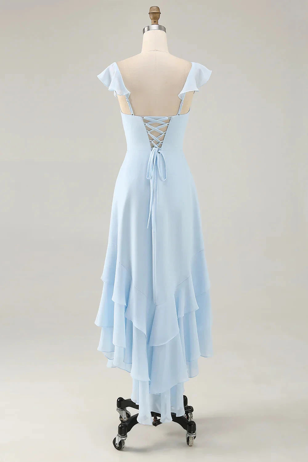 Romantic Chiffon A-Line Sweetheart Neck Ruffled Sleeve Lace-Up Back High-Low Evening Dress by LANQI DRESS