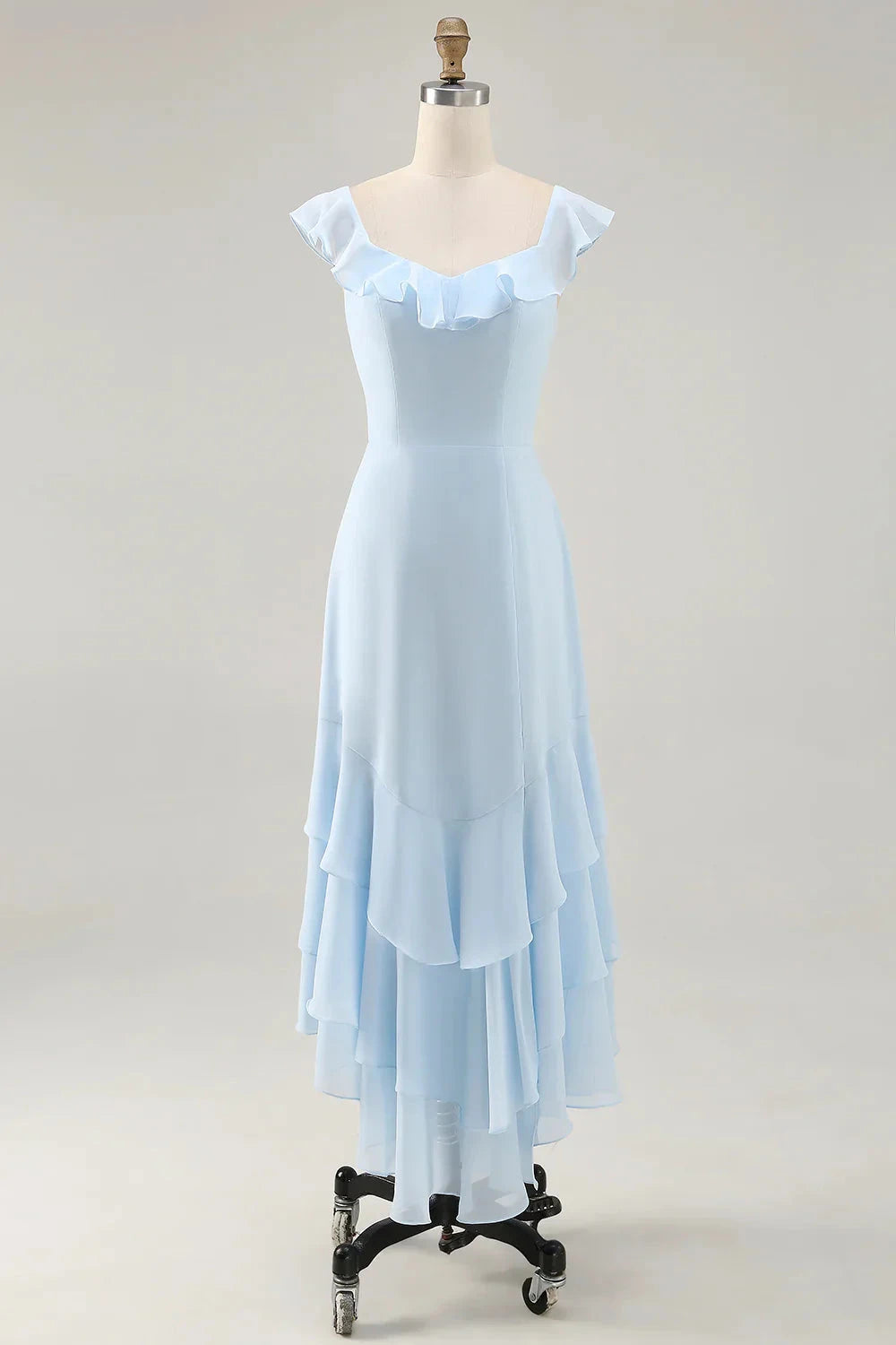 Romantic Chiffon A-Line Sweetheart Neck Ruffled Sleeve Lace-Up Back High-Low Evening Dress by LANQI DRESS