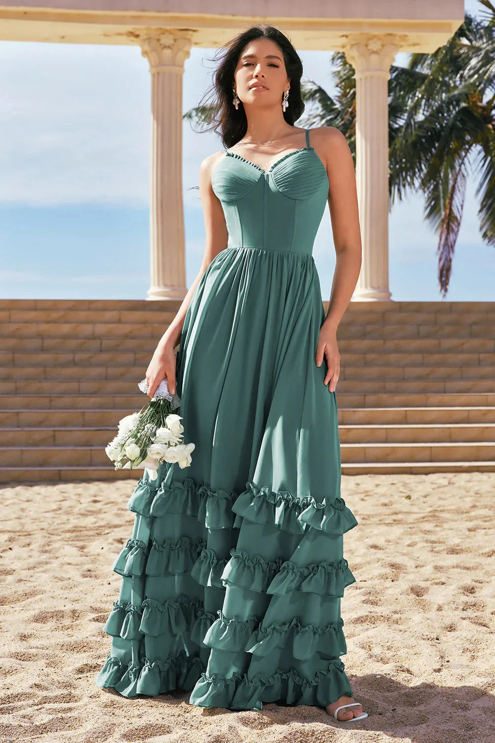 Romantic Chiffon A-Line Sweetheart Neck Spaghetti Strap Lace-Up Back Floor-Length Evening Dress by LANQI DRESS