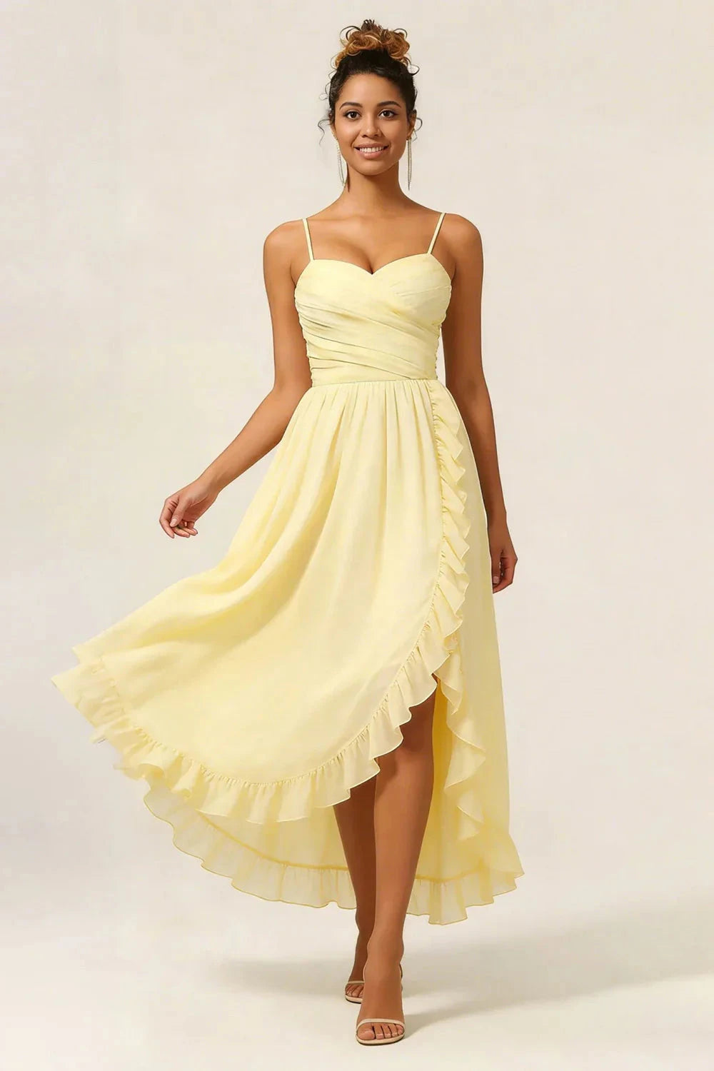 Romantic Chiffon A-Line Sweetheart Neck Spaghetti Strap Zipper Back High-Low Evening Dress by LANQI DRESS