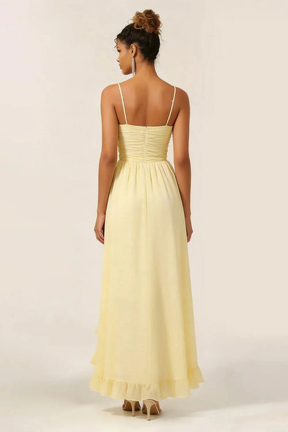 Romantic Chiffon A-Line Sweetheart Neck Spaghetti Strap Zipper Back High-Low Evening Dress by LANQI DRESS