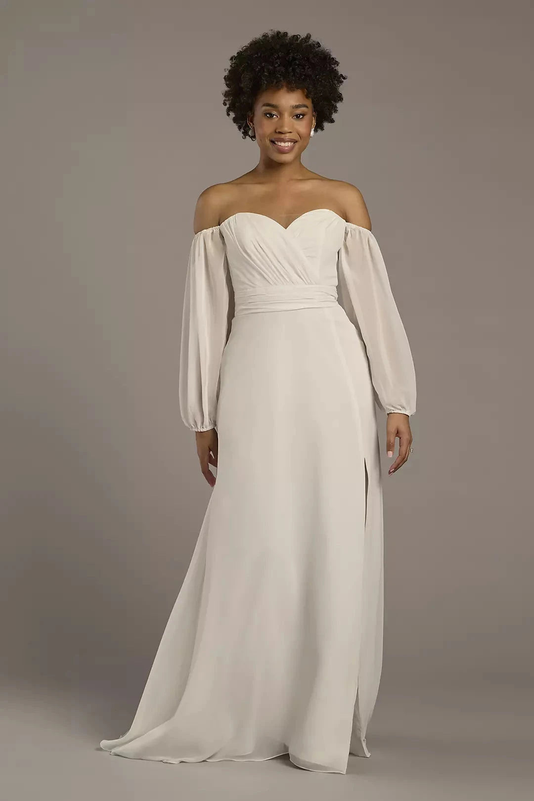 Romantic Chiffon Fit-and-Flare Off-the-Shoulder Puff-Sleeve Low-Back High-Slit Wedding Dress by YiHuiw