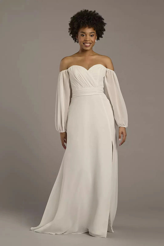 Romantic Chiffon Fit-and-Flare Off-the-Shoulder Puff-Sleeve Low-Back High-Slit Wedding Dress by YiHuiw