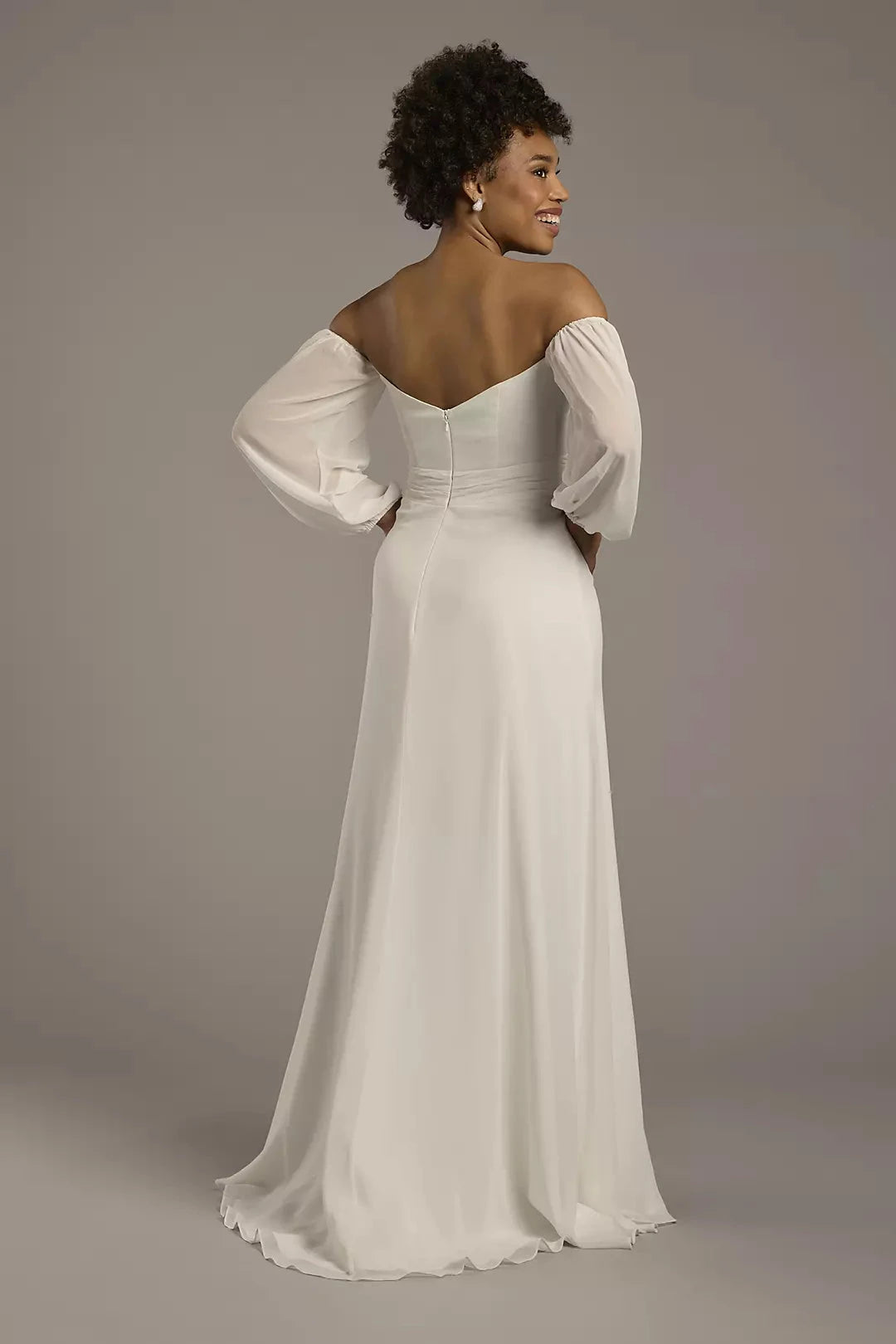 Romantic Chiffon Fit-and-Flare Off-the-Shoulder Puff-Sleeve Low-Back High-Slit Wedding Dress by YiHuiw