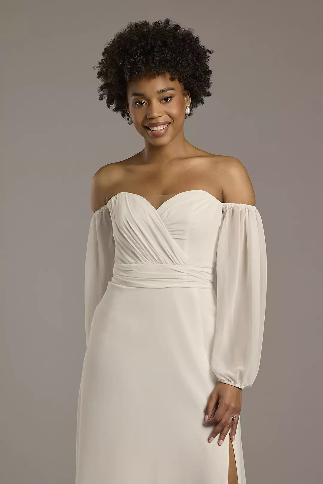 Romantic Chiffon Fit-and-Flare Off-the-Shoulder Puff-Sleeve Low-Back High-Slit Wedding Dress