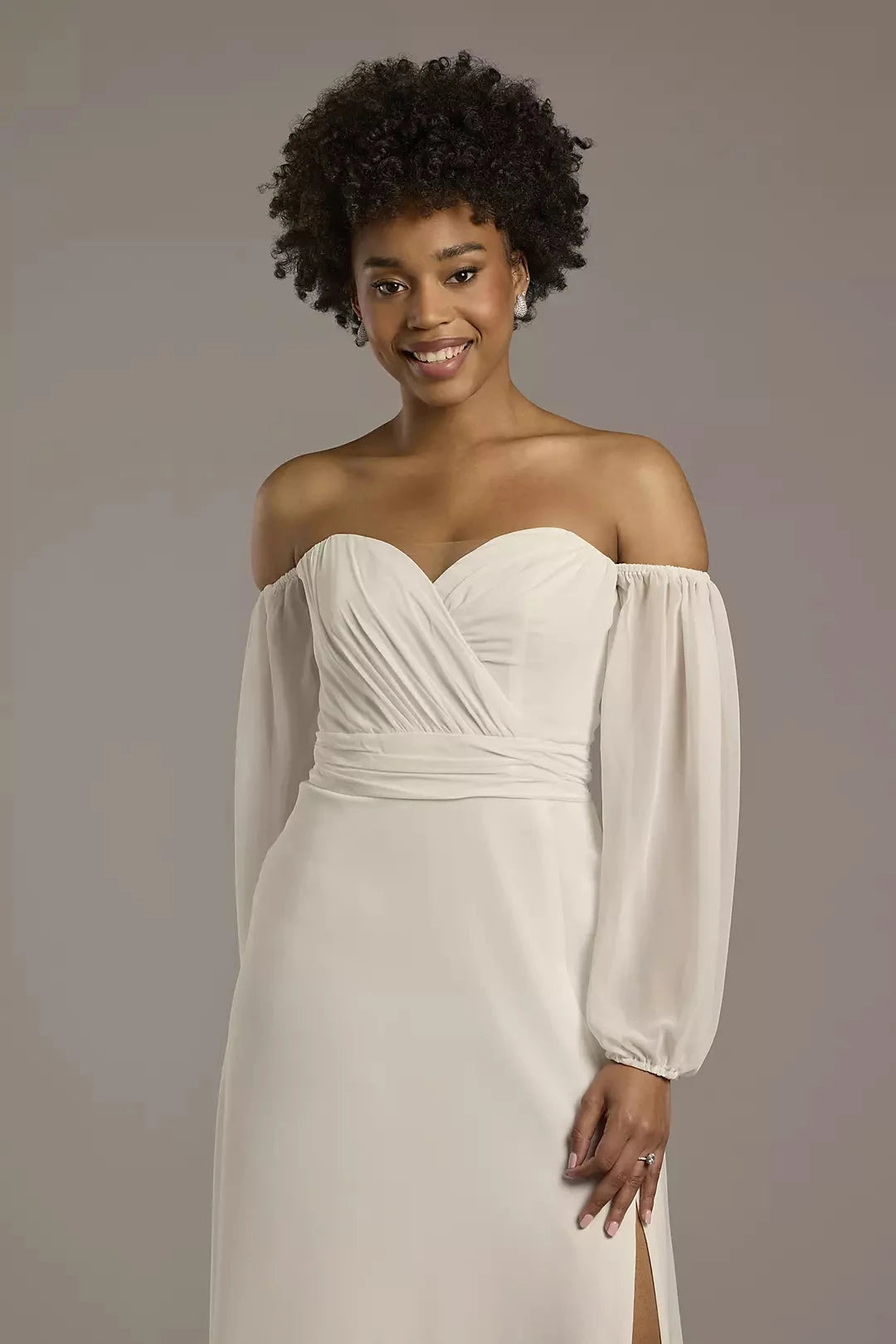 Romantic Chiffon Fit-and-Flare Off-the-Shoulder Puff-Sleeve Low-Back High-Slit Wedding Dress by YiHuiw