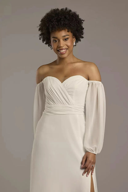Romantic Chiffon Fit-and-Flare Off-the-Shoulder Puff-Sleeve Low-Back High-Slit Wedding Dress by YiHuiw