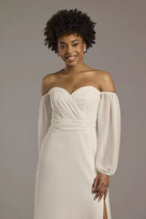 Romantic Chiffon Fit-and-Flare Off-the-Shoulder Puff-Sleeve Low-Back High-Slit Wedding Dress