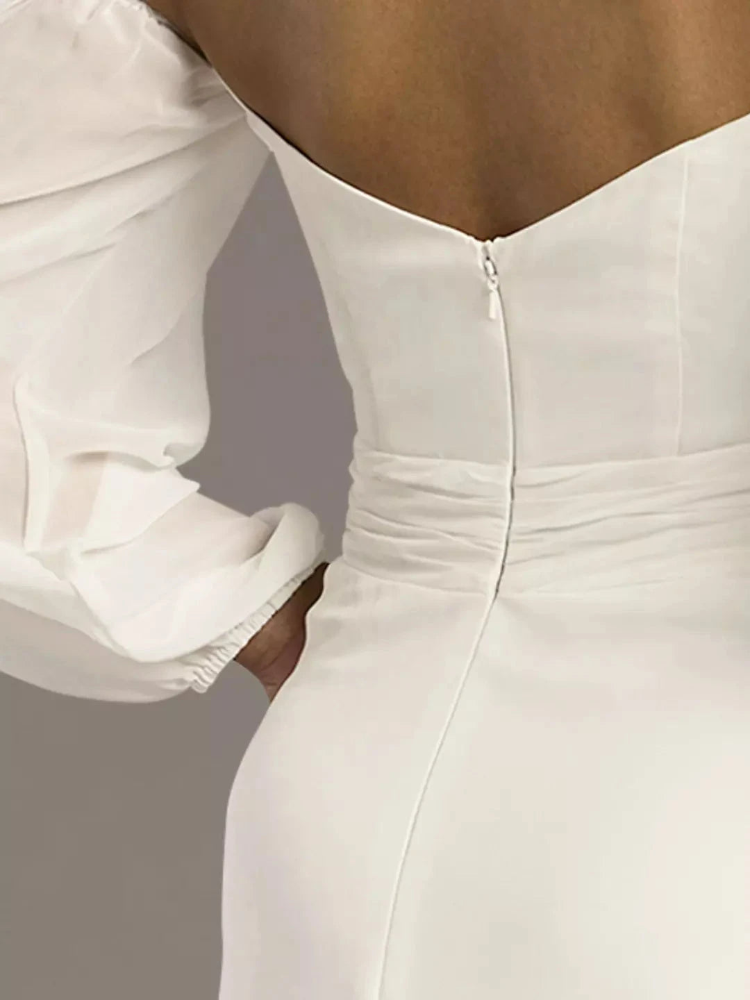 Romantic Chiffon Fit-and-Flare Off-the-Shoulder Puff-Sleeve Low-Back High-Slit Wedding Dress by YiHuiw