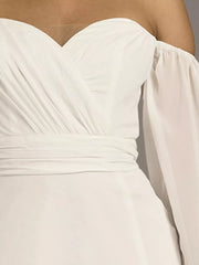 Romantic Chiffon Fit-and-Flare Off-the-Shoulder Puff-Sleeve Low-Back High-Slit Wedding Dress