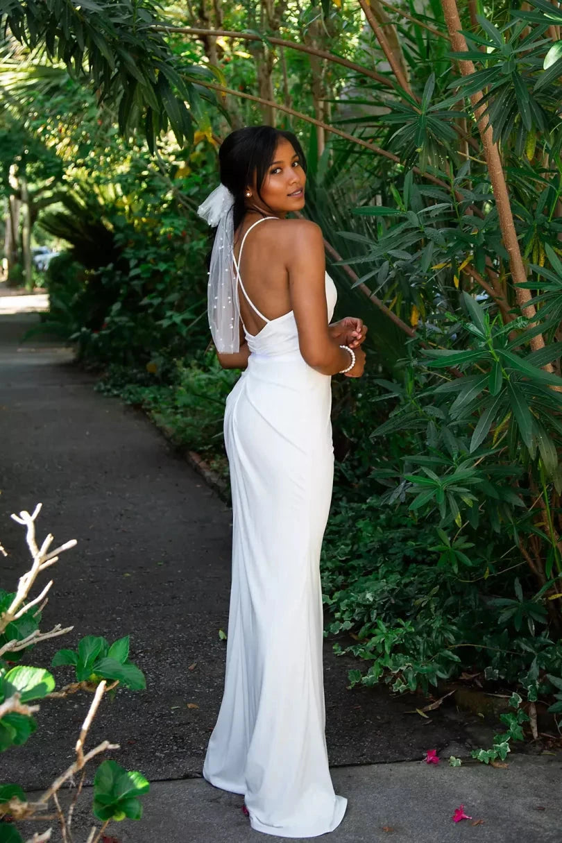 Romantic Chiffon Sheath Spaghetti-Strap Cross-Back Lace-Trim High-Slit Wedding Dress by YiHuiw
