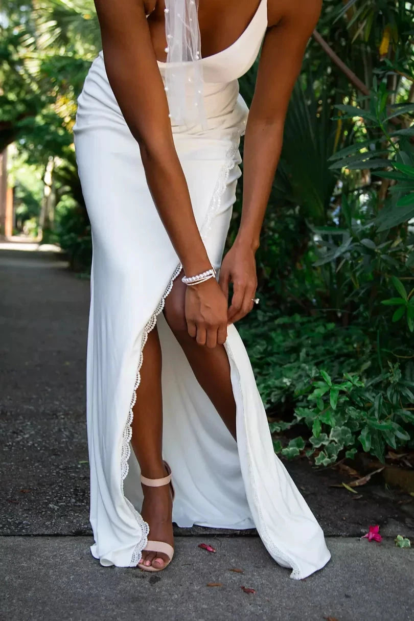 Romantic Chiffon Sheath Spaghetti-Strap Cross-Back Lace-Trim High-Slit Wedding Dress by YiHuiw